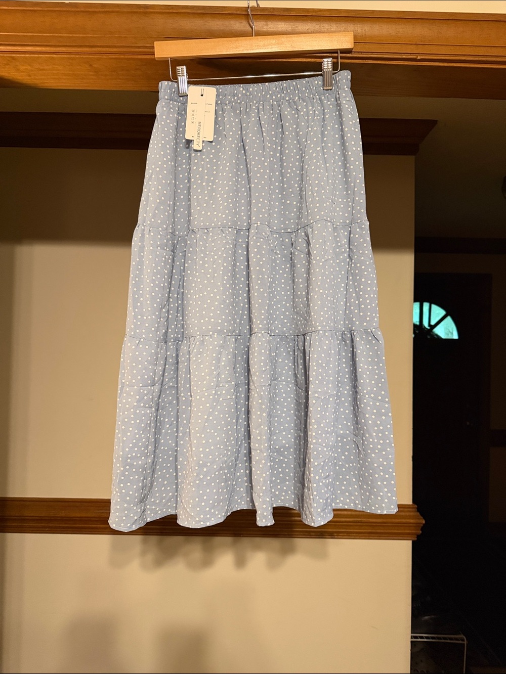Light Blue Polka Dot Tiered Midi Skirt - Women